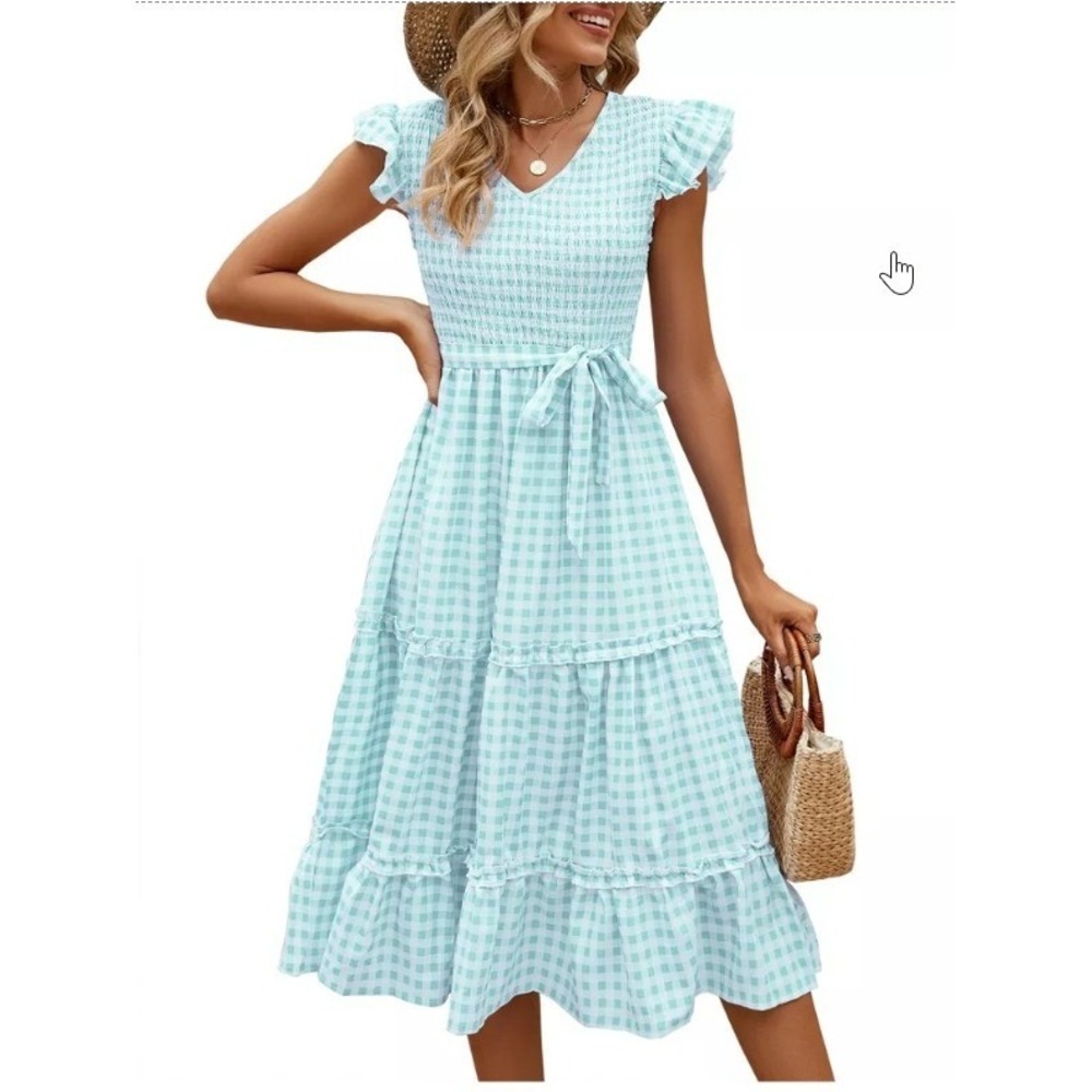 KOJOOIN Gingham Smocked Maxi‎ Dress Ruffle Sleeve Tiered Mint Green XL